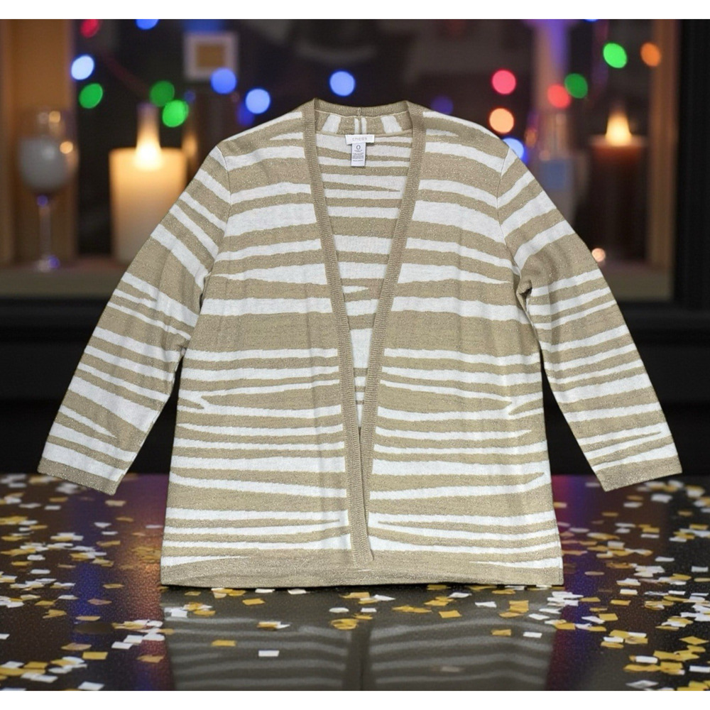 Chicos Shimmer Metallic Stripe Open Front Cardigan Size 0 US Small Festive Gold